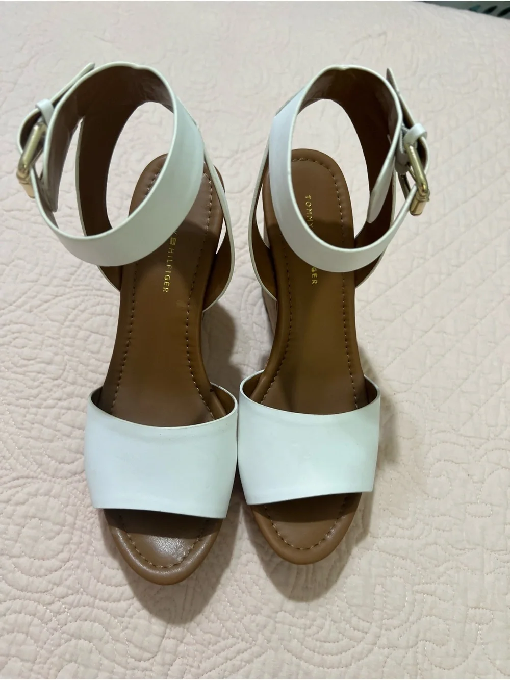 Tommy Hilfiger White Leather Ankle-Strap Cork Wedges